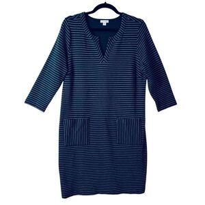 J Jill M navy & white stripe cotton blend pockets three quarter sleeve sheath dr